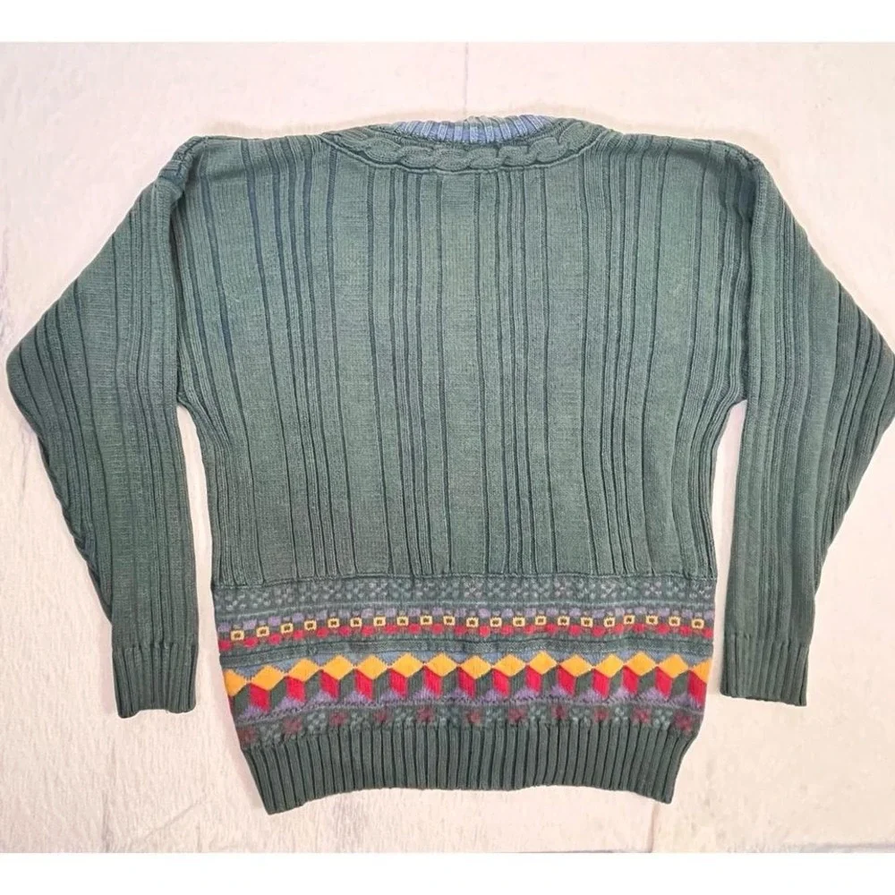 Izod Vintage 90s Cotton Sweater Men's M Green Cable Knit‎ V-Neck Geometric Trim